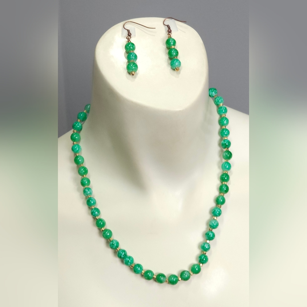 Upcycled Faux Green Aventurine w/ Bronze & Gold Tint Zinc 2 Piece Jewelry Set